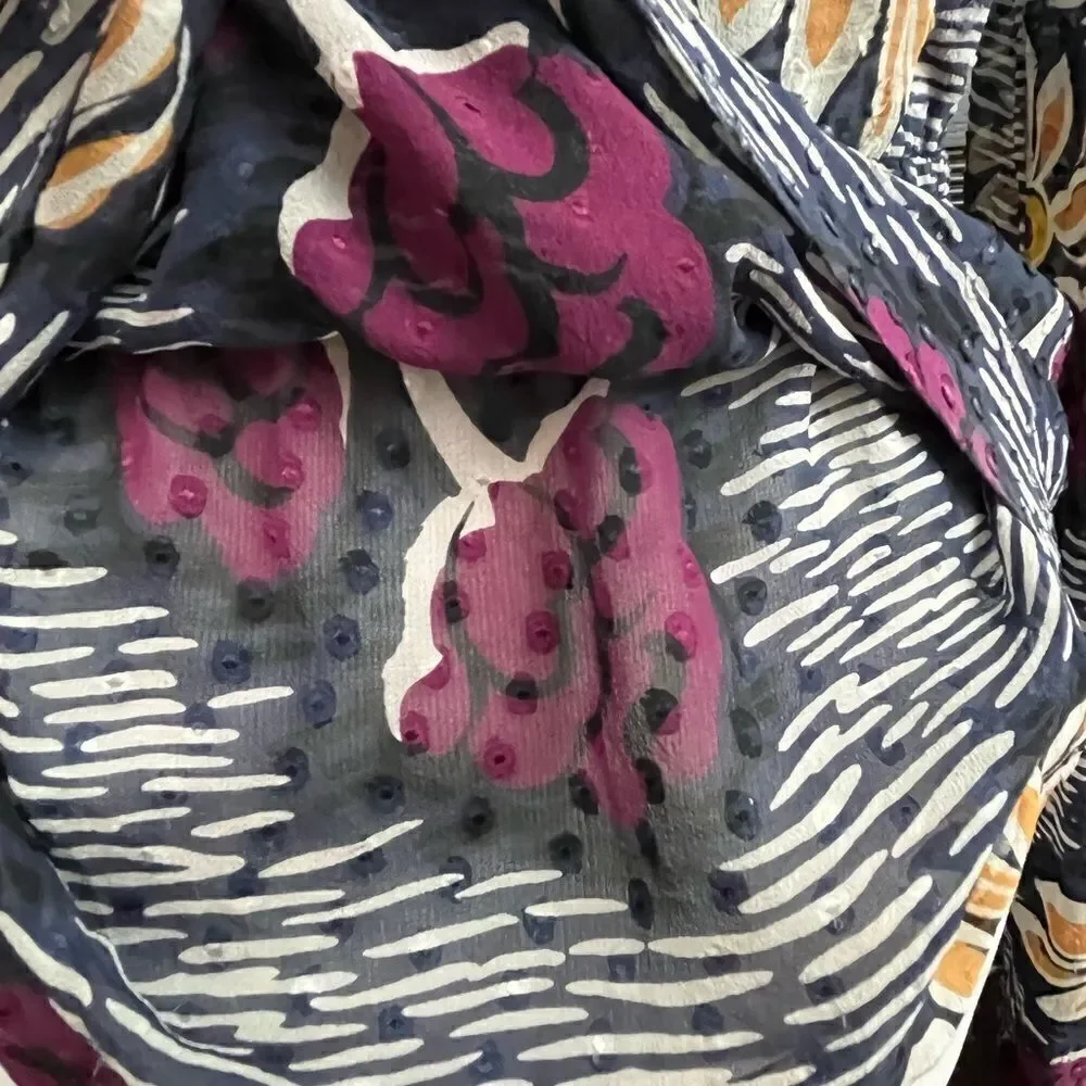 Tory Burch Silk Navy/White/ Purple Floral Peplum Style Blouse Small
